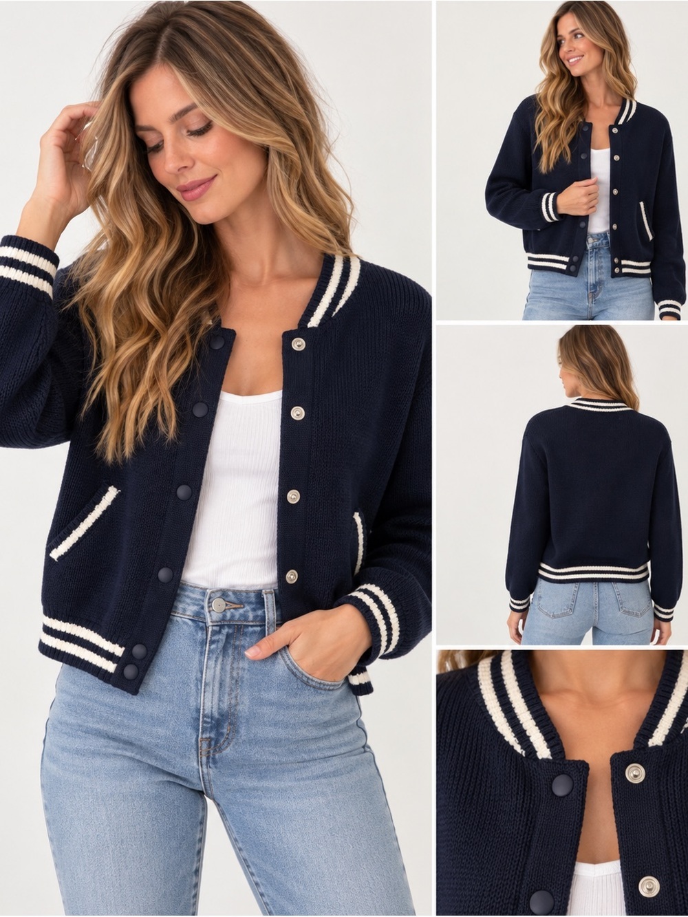 For The Republic Navy Blue Knit Varsity Bomber Cardigan Jacket L/G